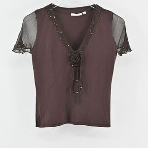 POIS Womens Rosette Sequin Top‎ Size M Whimsigoth Sheer Brown Fairygrunge Preppy
